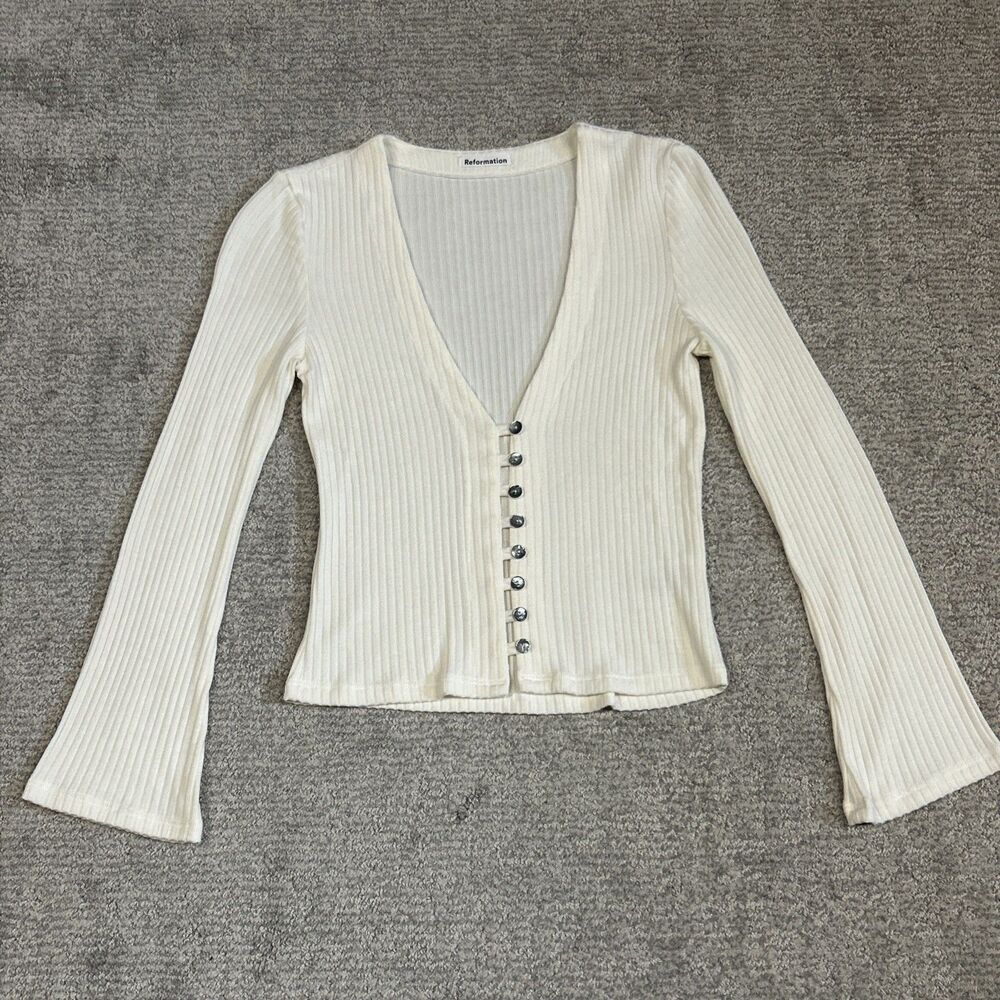 Reformation Gellar Rib Knit V-Neck Top Womens Medium Ivory Long Sleeve Shirt USA